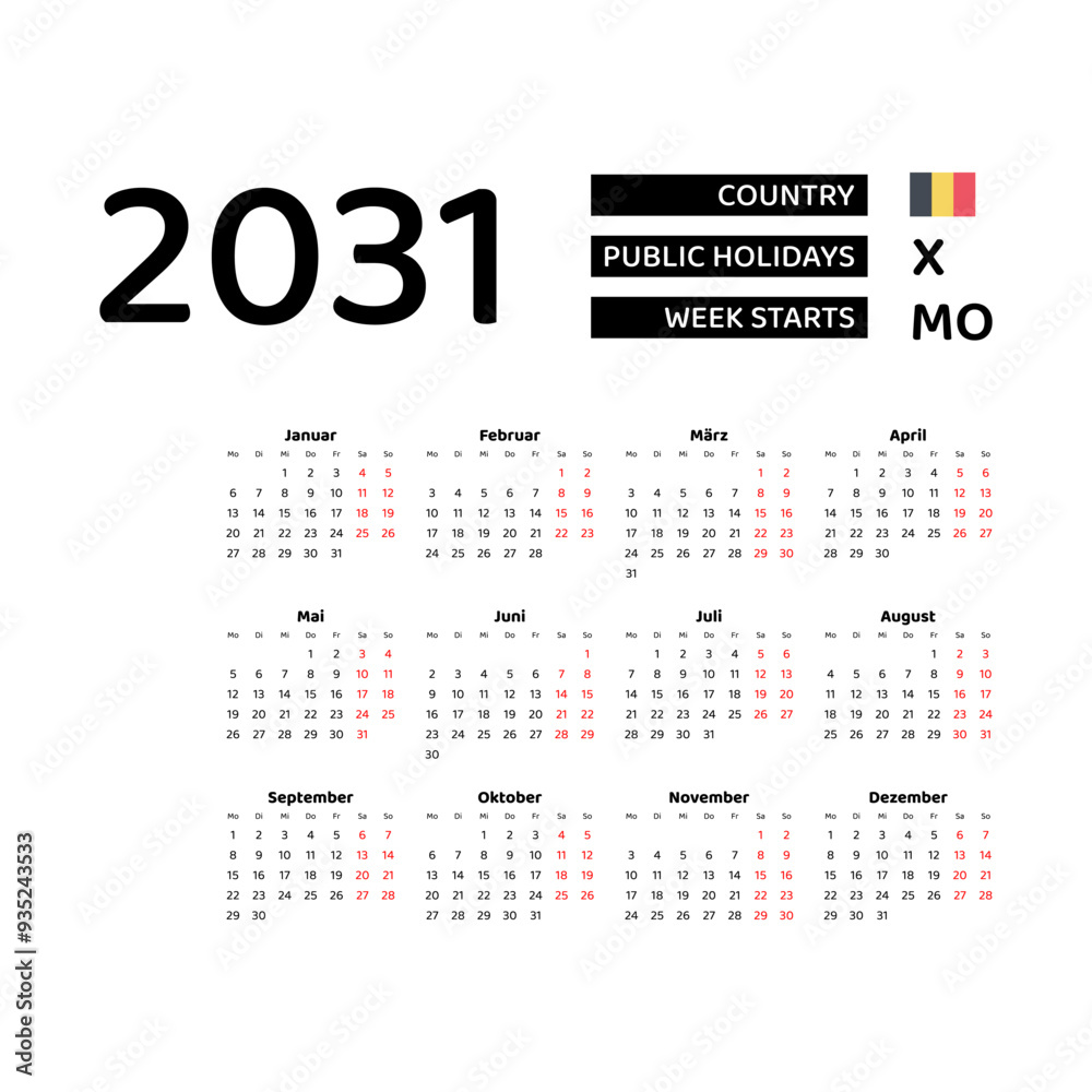 Calendar 2031 German language with Belgium public holidays. Week starts from Monday. Graphic design vector illustration. Calendar 2031 German language with Belgium public holidays. Week starts from Monday. Graphic design vector illustration.