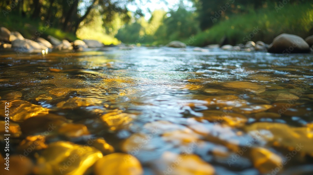 A serene river scene with clear water and colorful pebbles, surrounded by lush greenery and sunlight filtering through trees. A serene river scene with clear water and colorful pebbles, surrounded by lush greenery and sunlight filtering through trees.