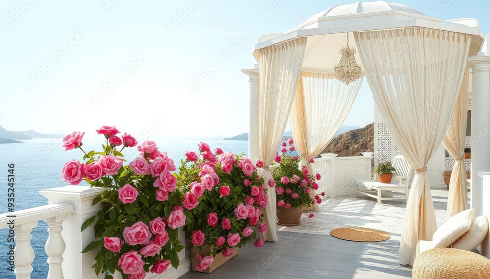 Obraz premium Beautiful views of the sea and a white gazebo from the terrace in pink flowers and beige curtains. Digital collage, mural and mural. Wallpaper. Poster design. Modular panel. 3d render, ai