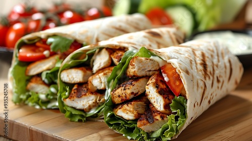 Obraz na płótnie Grilled chicken and a silky cesar dressing merge to make this salad wrap w salonie