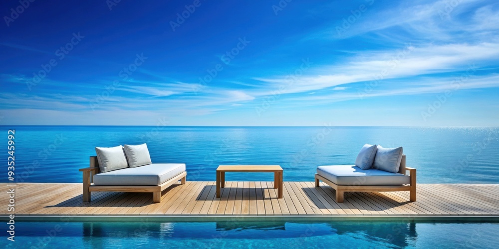 Fototapeta premium Sitting area with blue water background, providing a serene and beautiful setting, sitting area, relaxation, blue water