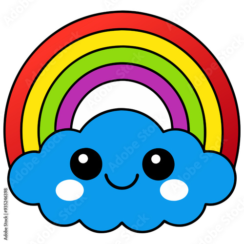 Smiling Cloud Under Rainbow:  Adorable cartoon cloud with a big smile, nestled beneath a vibrant rainbow. Perfect for children's books, illustrations, and designs.  