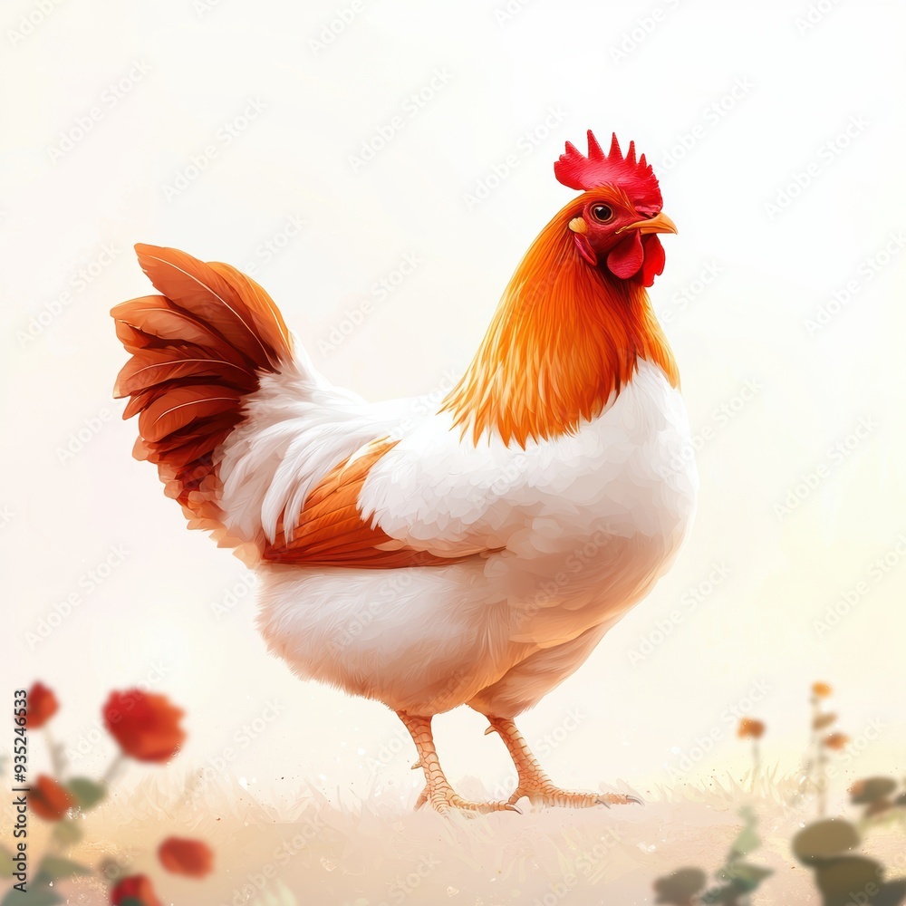 Fototapeta premium Realistic Illustration of a Chicken in a Field A detailed and realistic illustration of a chicken standing in a field with soft, warm lighting, ideal for agricultural or animal-themed content