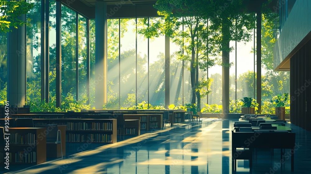 Fototapeta premium Sunlit Serenity: A tranquil library interior bathed in sunlight through towering windows, illuminating the shelves of books.
