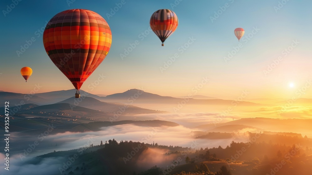Fototapeta premium Hot air balloon floats high above, offering a breathtaking view of the surrounding mountains, emphasizing the vastness and beauty of the landscape