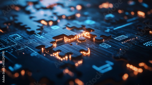 Glowing digital puzzle pieces connecting over an abstract, tech-inspired background, representing the integration and interoperability of APIs