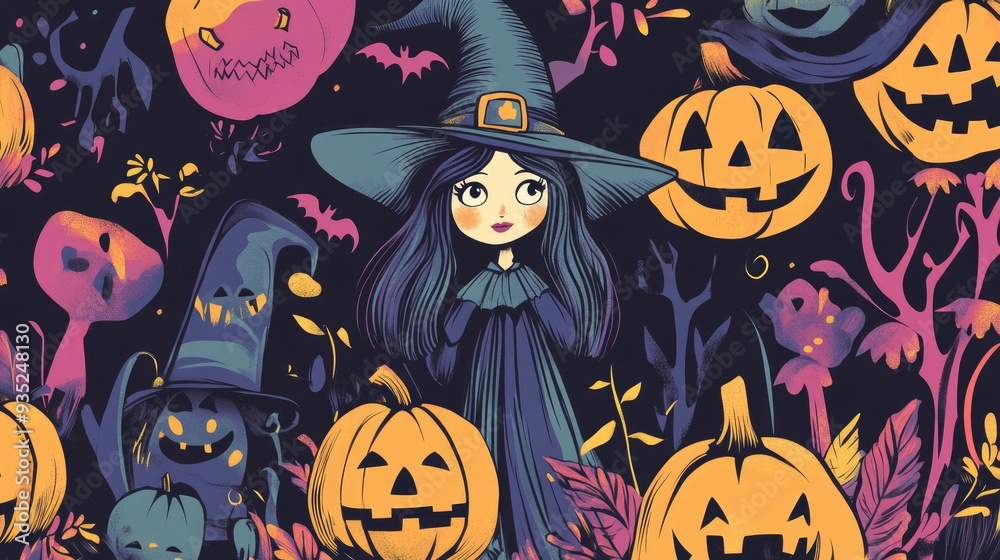 Cute witches and jack-o'-lanterns create a colorful Halloween background with ample room for messages.