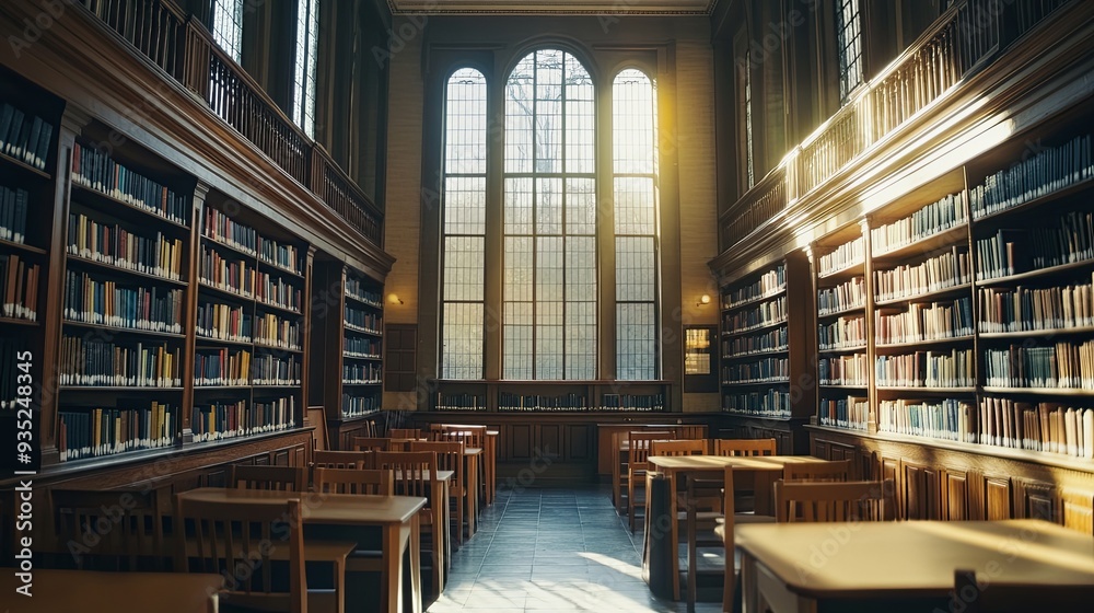 Sunlit Serenity: A tranquil library interior bathed in sunlight through towering windows, illuminating the shelves of books. Sunlit Serenity: A tranquil library interior bathed in sunlight through towering windows, illuminating the shelves of books.