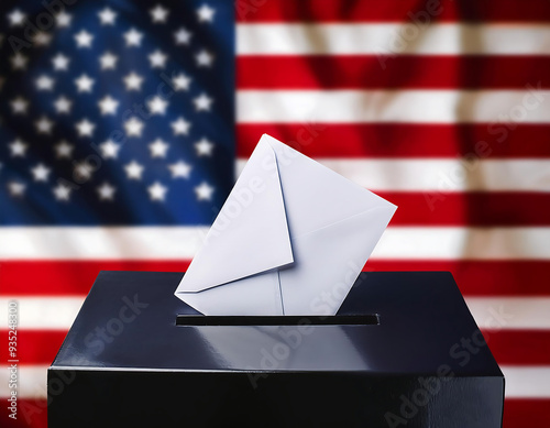 us election white envelope placed black ballot box blurred usa flag background photo