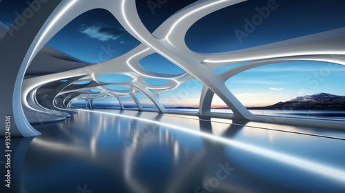 A futuristic indoor architectural scene featuring smooth designs with circular curves and hollow spaces