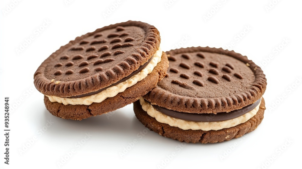 Two chocolate sandwich cookies with cream filling, isolated on white background. Two chocolate sandwich cookies with cream filling, isolated on white background.