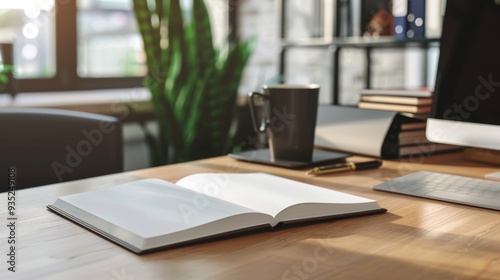 An open blank book on a desktop with light and shadow highlighting its pages