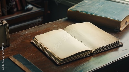 An open blank book on a desktop with light and shadow highlighting its pages