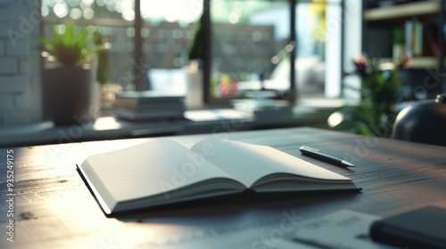 An open blank book on a desktop with light and shadow highlighting its pages