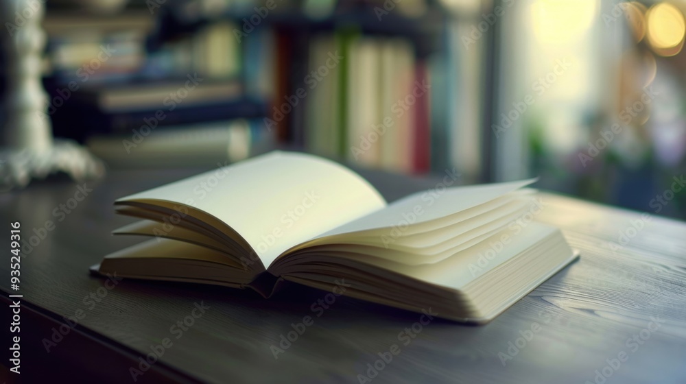 An open blank book on a desktop with light and shadow highlighting its pages An open blank book on a desktop with light and shadow highlighting its pages