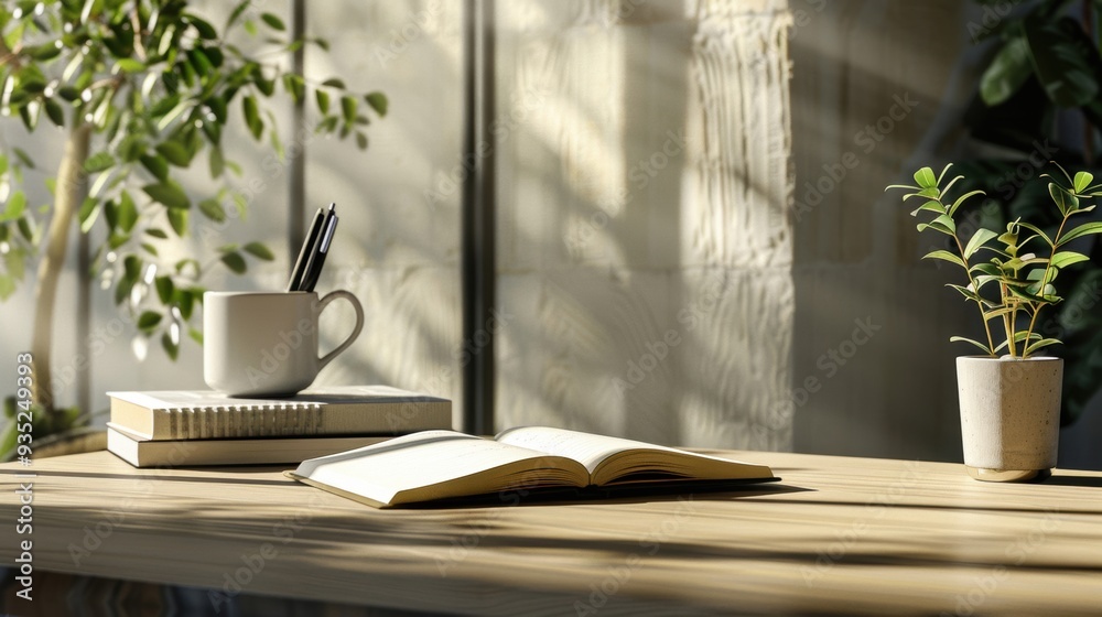 An open blank book on a desktop with light and shadow highlighting its pages An open blank book on a desktop with light and shadow highlighting its pages