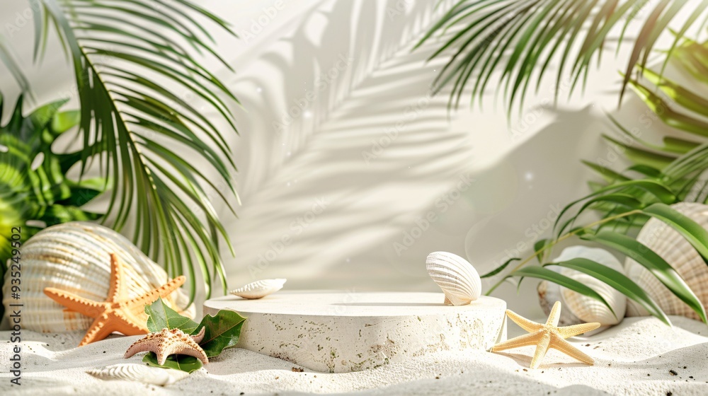 Obraz premium 1. A minimalistic composition featuring an empty stone platform podium surrounded by lush palm leaves, sea shells, and starfish on a pristine white beach sand background, designed for a front view