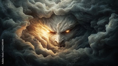 A demon face emerging from a mass of writhing shadows, capturing the essence of fear and the unknown photo