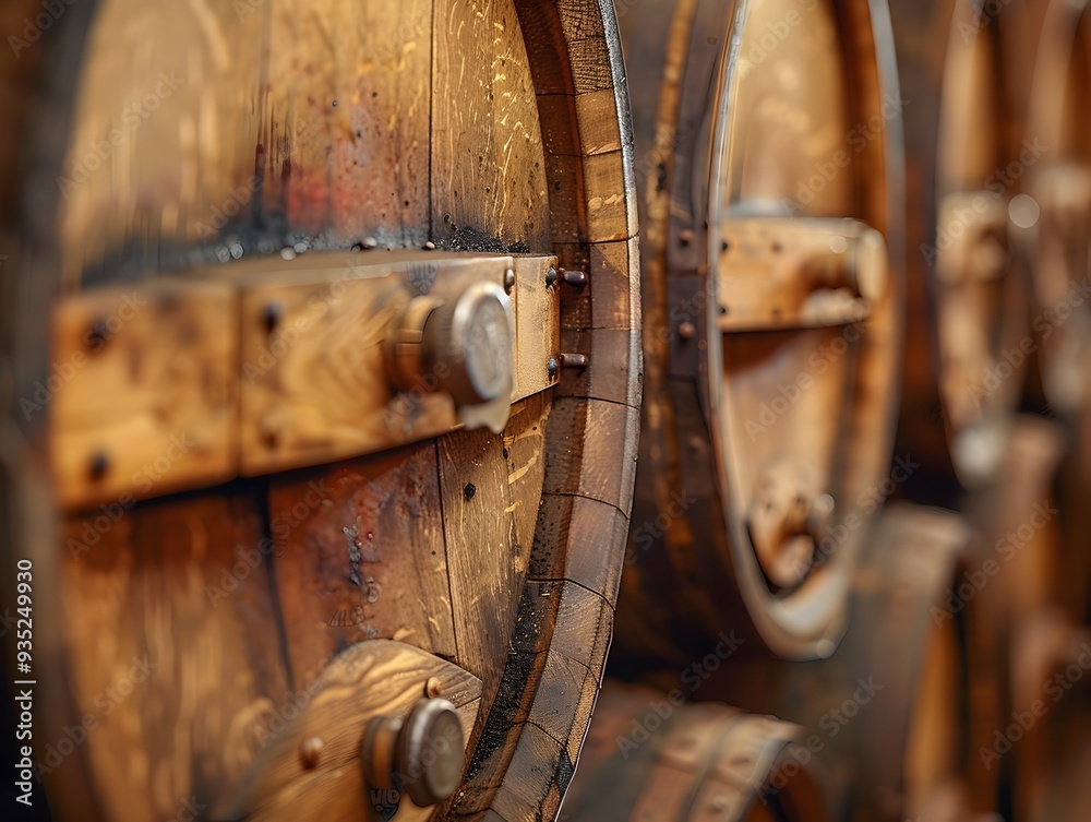 Detailed Wooden Wine Barrels in a Rustic Cellar with Soft Lighting and Warm Tones Detailed Wooden Wine Barrels in a Rustic Cellar with Soft Lighting and Warm Tones