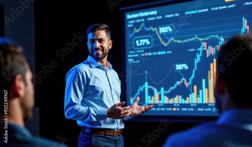 Confident Indian Businessman Presenting Market Growth Analysis with Impressive Data Charts photo