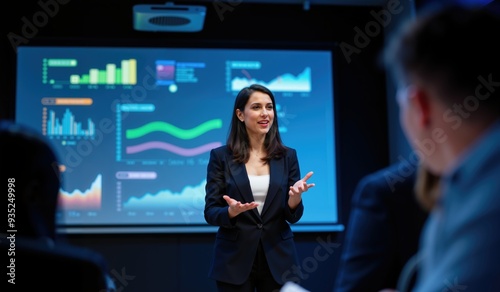 Confident Indian Female Executive Leading Presentation with Interactive Data Visuals