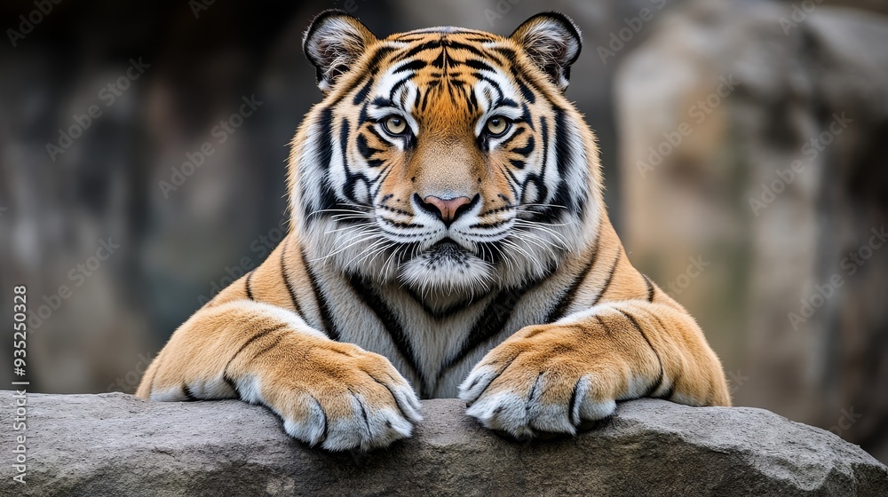 Obraz premium A majestic tiger resting on a rock, showcasing its striking fur and intense gaze in a natural setting.