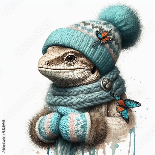 Watercolor lizard in knitted cyan hat and woolen mittens with butterfly, muzzle close-up on white background