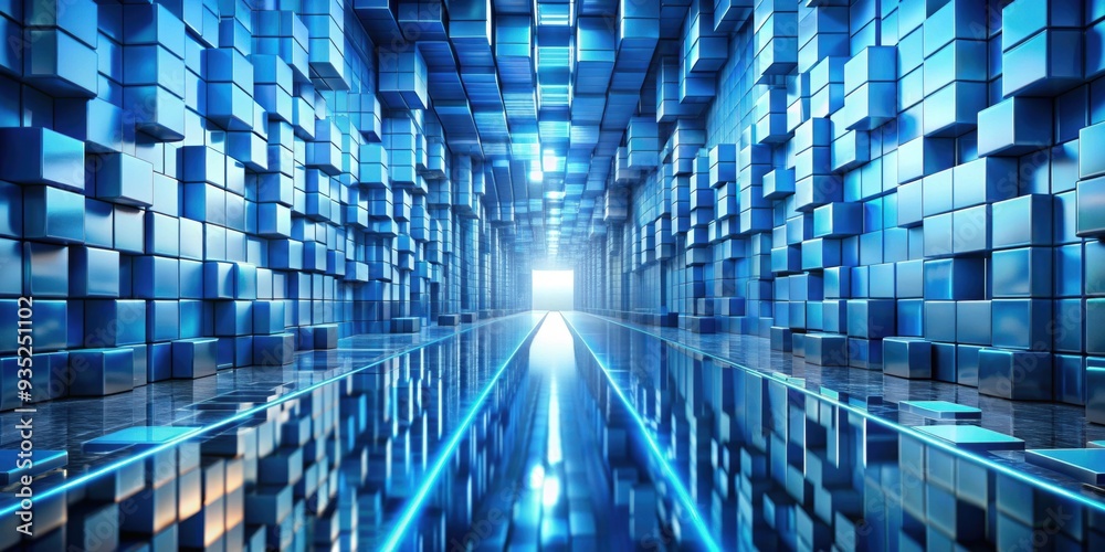 Naklejka premium Abstract painting of blue reflective road with large walls of cubes on each side, abstract, painting, blue, reflective, road