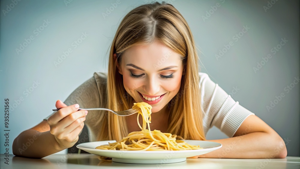 Young woman enjoying a plate of pasta, food, Italian, meal, dinner, lunch, delicious, enjoyment, female, person, eating, fork Young woman enjoying a plate of pasta, food, Italian, meal, dinner, lunch, delicious, enjoyment, female, person, eating, fork