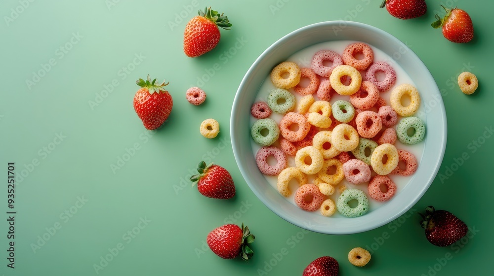 A bowl filled with multicolored cereal rings, milk, and strawberries, placed on a green background, offering a bright and lively breakfast visual A bowl filled with multicolored cereal rings, milk, and strawberries, placed on a green background, offering a bright and lively breakfast visual