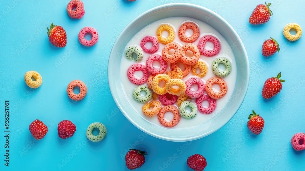 A bowl of colorful ring cereal with fresh strawberries and milk, set against a blue background, capturing the playful and delicious appeal of a fun breakfast