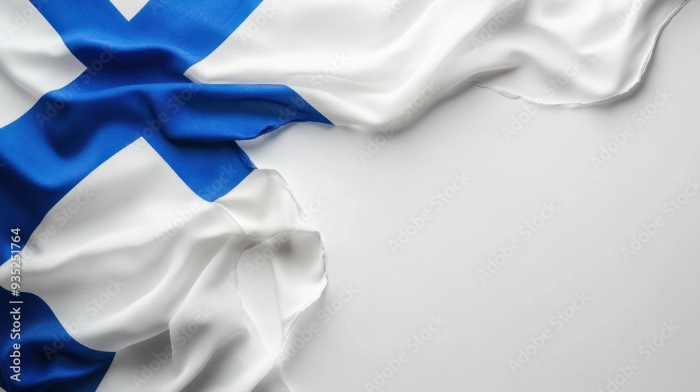 Independence day of Finland celebration. Flag of Finland on a white background. Texture of crumpled fabric. Horizontal banner. Free space for text. Holiday poster, card. Blue and white national flag Independence day of Finland celebration. Flag of Finland on a white background. Texture of crumpled fabric. Horizontal banner. Free space for text. Holiday poster, card. Blue and white national flag