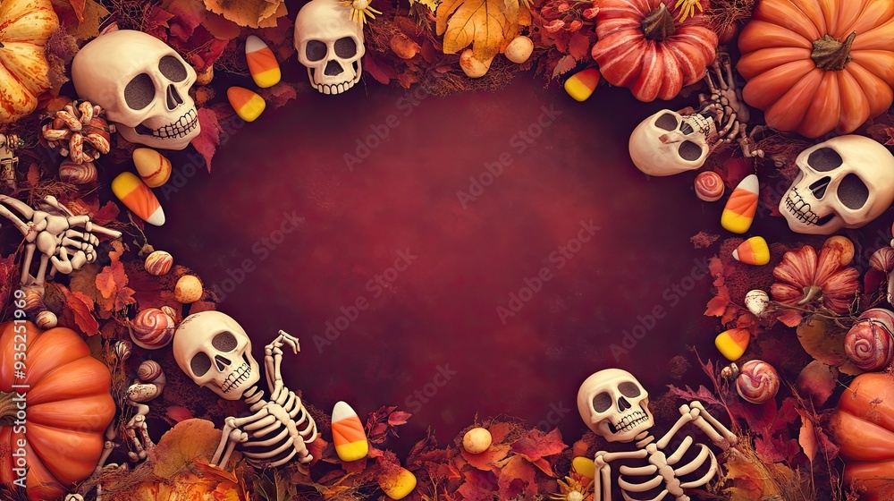 Naklejka premium Halloween background with smiling skeletons, pumpkins, and candy corn framing a blank space for text.