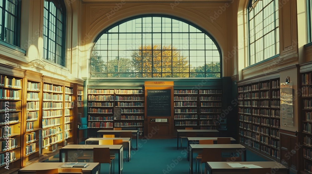 Sunlit Serenity: A tranquil library interior bathed in sunlight through towering windows, illuminating the shelves of books. Sunlit Serenity: A tranquil library interior bathed in sunlight through towering windows, illuminating the shelves of books.