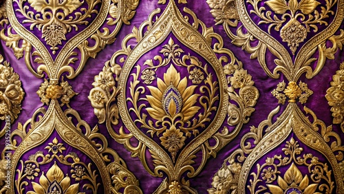 ornate gold accented lavish textiles intricate patterns Byzantine Purple luxuriance elegant sophistication photo