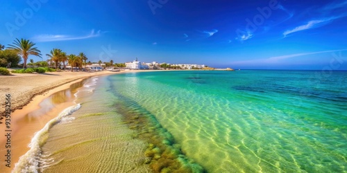 Beautiful landscape of a beach in Hammamet, Tunisia with clear blue waters and golden sand, Hammamet, Tunisia