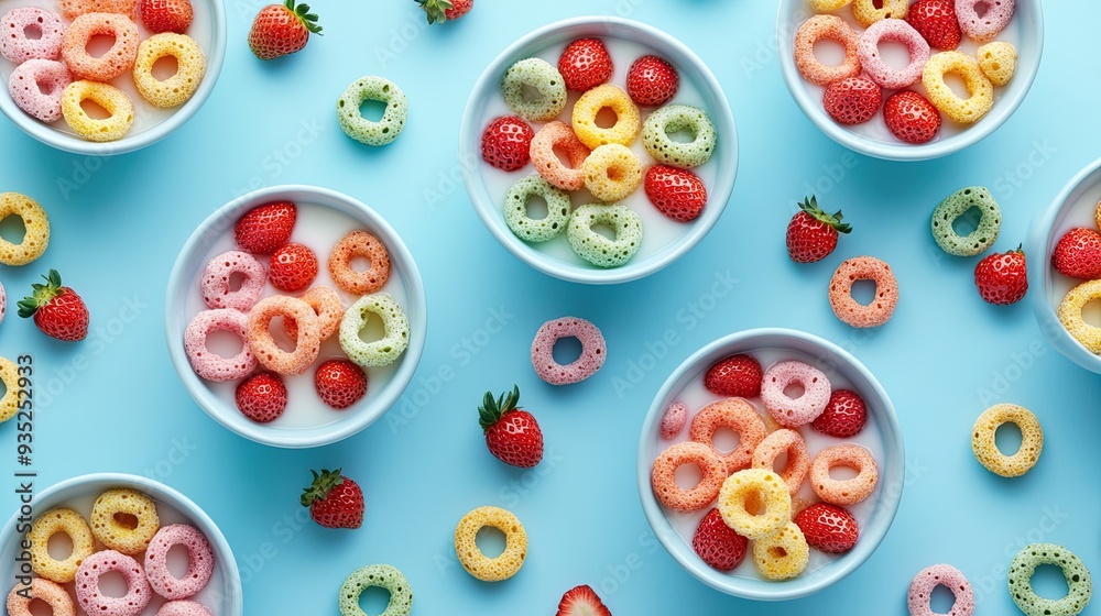 A close-up of bowls filled with multicolored cereal rings, milk, and strawberries, set against a blue background, perfect for cheerful breakfast themes. A close-up of bowls filled with multicolored cereal rings, milk, and strawberries, set against a blue background, perfect for cheerful breakfast themes.