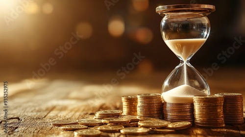 Hourglass with coins scattered on a wooden table. Time for saving concept