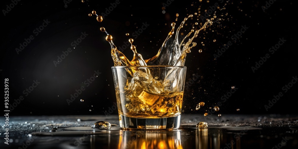 A glass of whiskey being poured, creating splashes and droplets forming an abstract shape on a black background, whiskey