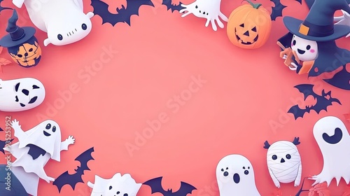 Playful Halloween characters like a cute vampire, mummy, and ghost surrounding a blank area for copy space.