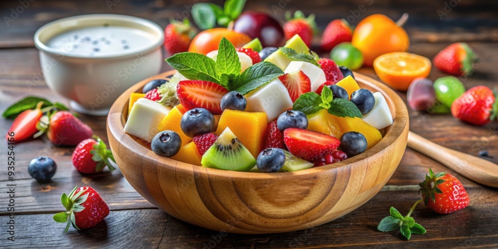 Vibrant fruit salad with exotic fruits in a wooden bowl and yogurt on the side , tropical, healthy, fresh, colorful, delicious Vibrant fruit salad with exotic fruits in a wooden bowl and yogurt on the side , tropical, healthy, fresh, colorful, delicious
