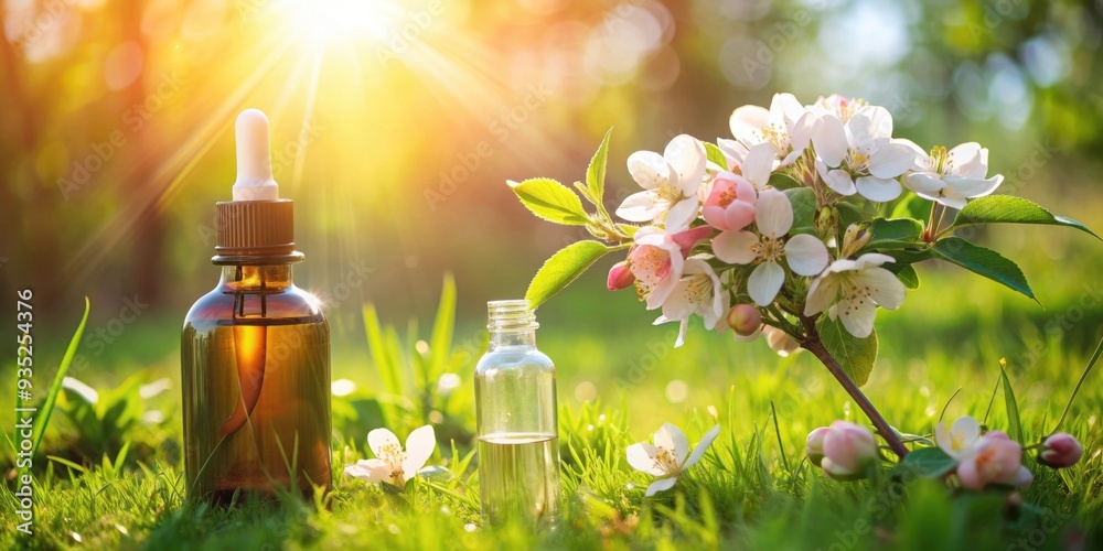Two crab apple flower Bach remedies in sunny field, drop glass pipette shining on flower therapy bottle Two crab apple flower Bach remedies in sunny field, drop glass pipette shining on flower therapy bottle