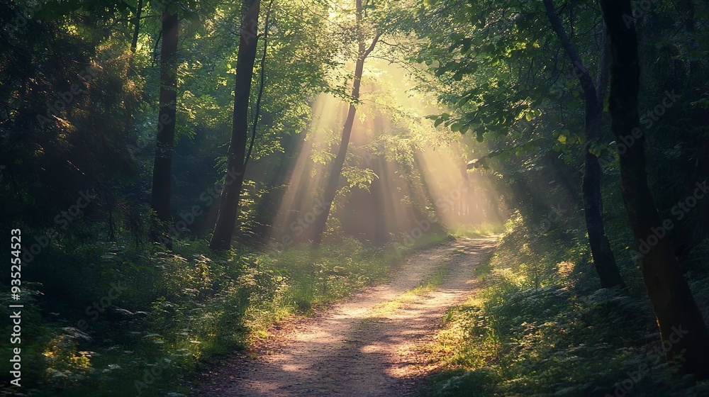 Obraz premium Serene forest path illuminated by soft sunlight, calming nature walk, tranquil 