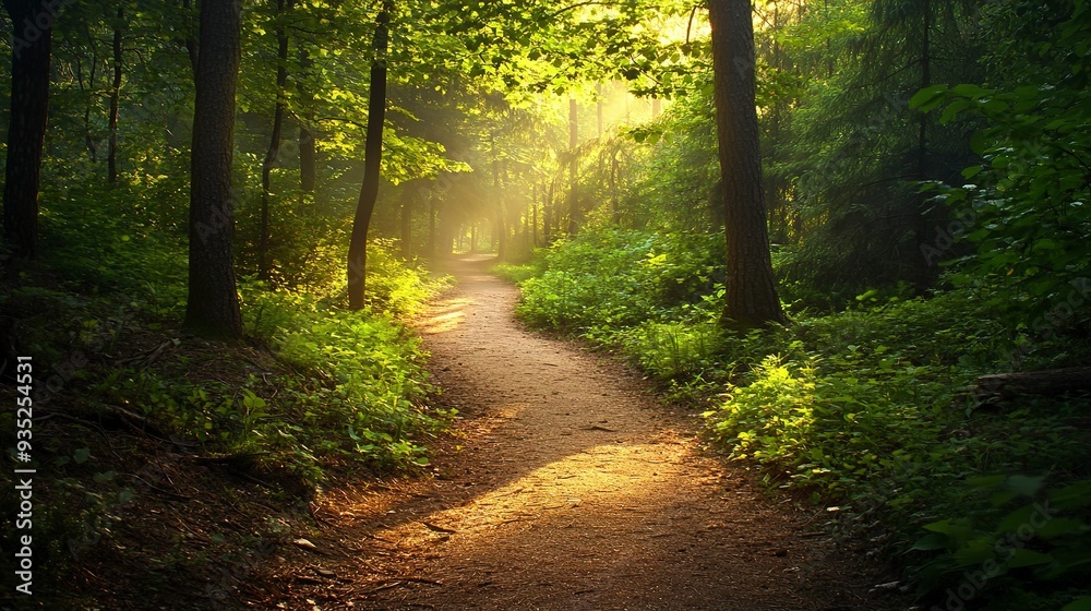 Fototapeta premium Serene forest path illuminated by soft sunlight, calming nature walk, tranquil
