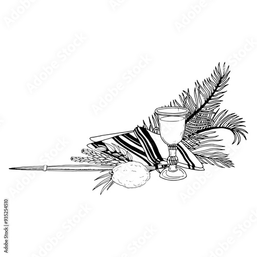 Black and white Happy Sukkot greeting banner template vector illustration for Jewish Feast of Tabernacles with palm leaves, etrog fruit, Lulav, Arava, Hadass, menorah, tallit wine glass