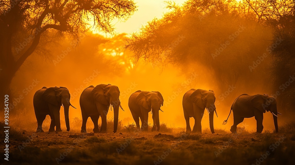 Fototapeta premium A group of elephants walk through the country.