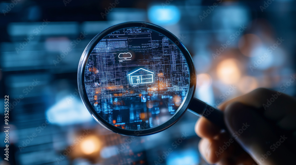 A magnifying glass zooms in on a futuristic smart home on a digital map, representing the search for innovative and tech-savvy real estate A magnifying glass zooms in on a futuristic smart home on a digital map, representing the search for innovative and tech-savvy real estate
