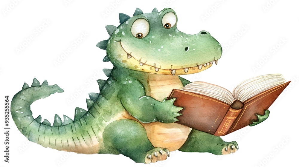 Fototapeta premium Adorable, clever watercolor crocodile reading a book, character illustration isolated on a white background