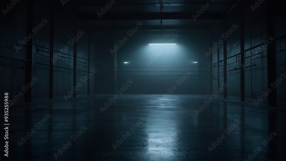 Dark basement scene for showing products on a dark background, slight sunlight shine through windows Dark basement scene for showing products on a dark background, slight sunlight shine through windows