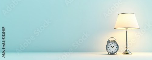 Bedside lamp, with alarm clock, on pastel blue background, 3D illustration